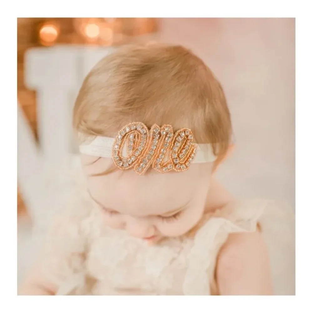 First Birthday headband One Rhinestone Applique smash cake hair photoshoot
